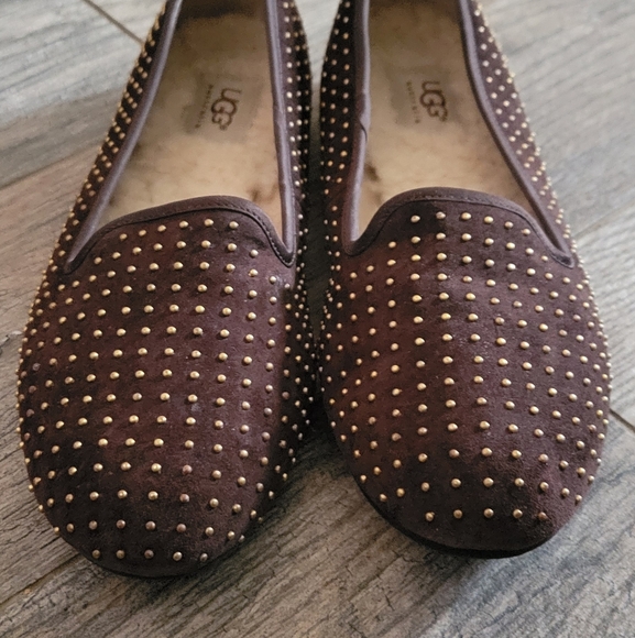 UGG Alloway Studded Leather Flats Slip On Shoes Ballet Sheepskin Footbed Brown - Picture 3 of 7